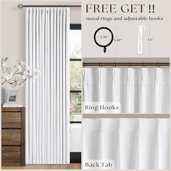 TWODRAPES Snow White Pleated Linen 100% Blackout Curtains 102 Inches Long | Pinch Pleat Back Tab, Linen Drapes with Liner, Black Out Thermal Insulated, Energy Saving Curtain for Living Room Bedroom