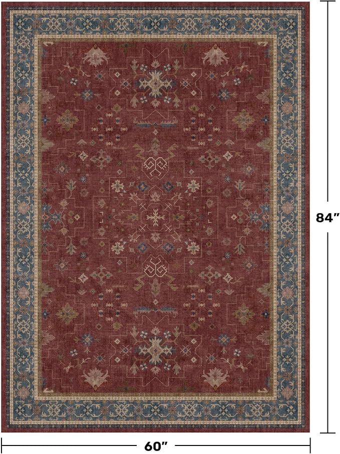 5x7 Boho Dark Red Rug for Living Room - Vintage Oriental Revival Low-Pile Carpet for Bedroom, Dining Table, Home Office, Machine Washable Area Rug Non-Slip with Rubber Back