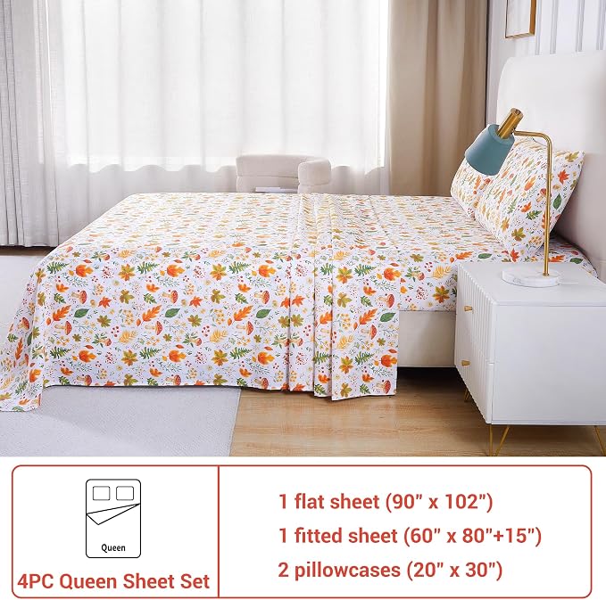 Softan Orange Floral Queen Size Sheet Set, Printed Microfiber Fitted Sheet with 15" Deep Pockets & Non-Slip Straps, Maple Leaves & Mushroom Patterned Bedding Sheets & Pillowcase Set