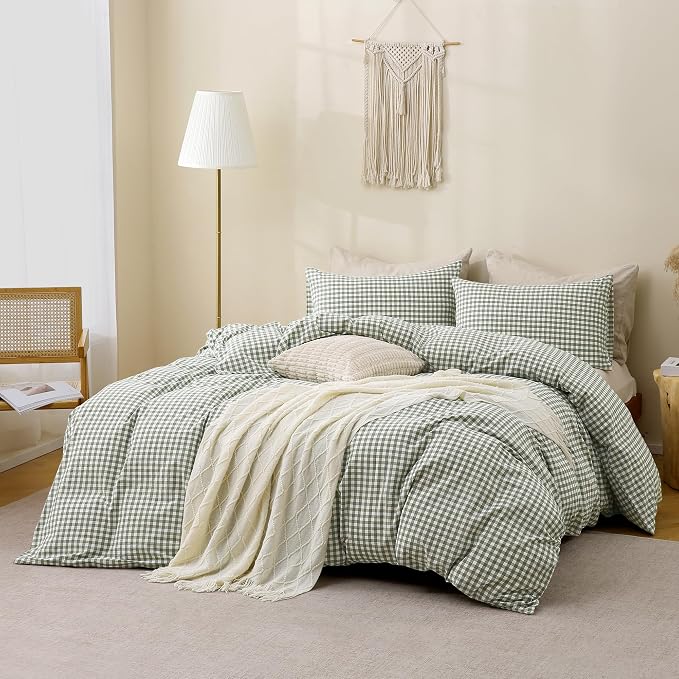 TOCOMOA Gingham Duvet Cover Set Washed Cotton Like Linen, Oversized King | 100% Washed Cotton Linen-Like Feel Soft, Breathable & Comfy. Lightweight Bedding Set with Zipper & 8 Ties. 3 Pcs, No Insert