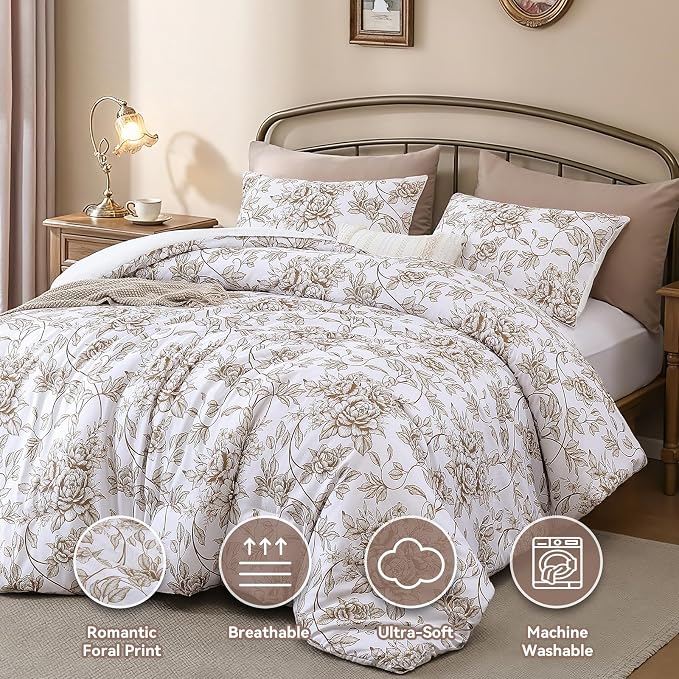 JANZAA Queen Size Comforter Set - Yellow Khaki Floral Shabby Chic Bedding | 3 Piece Cute Floral Bedding for All Season, 1 Soft Fluffy Breathable Microfiber Comforter Set with 2 Pillowcases