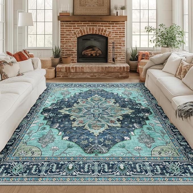 RELEANY Washable Area Rug, Square 8'x8', Teal | Non-Slip, Water Repellent, Pet Friendly, Easy to Clean, Vintage Floral Boho Decor for Living Room Bedroom Dining Room Office