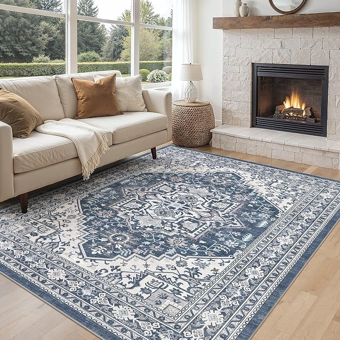 UERMEI 6x9 Area Rug for Living Room - Washable Vintage Carpet, Non-Slip Soft Large Indoor Floor Rugs for Bedroom Home Office & Under Dining Table Decor, Denim Blue/White