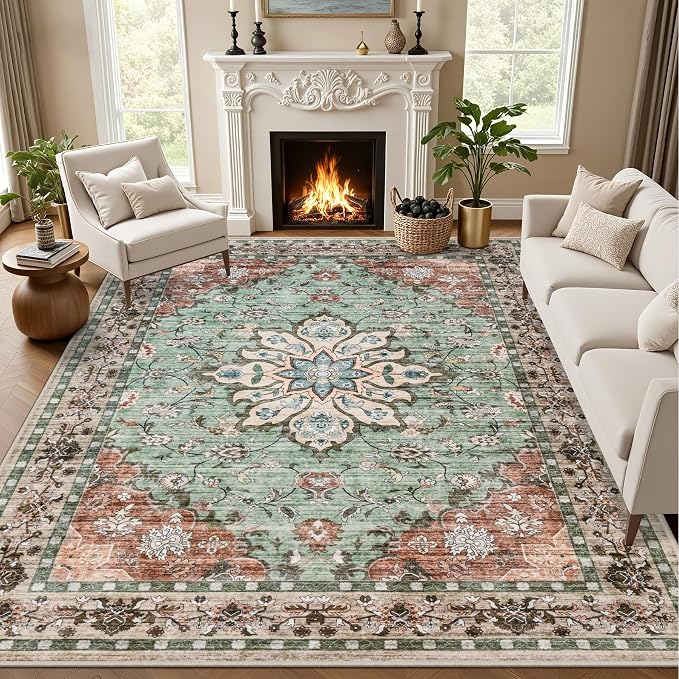8x10 Area Rugs Living Room: Washable Rug for Bedroom Brown Green | Boho No Slip Stain Resistant Rug Soft Indoor Decor Floor Floral Area Rugs for Dining Room, Nursery, Hallway, Home Office