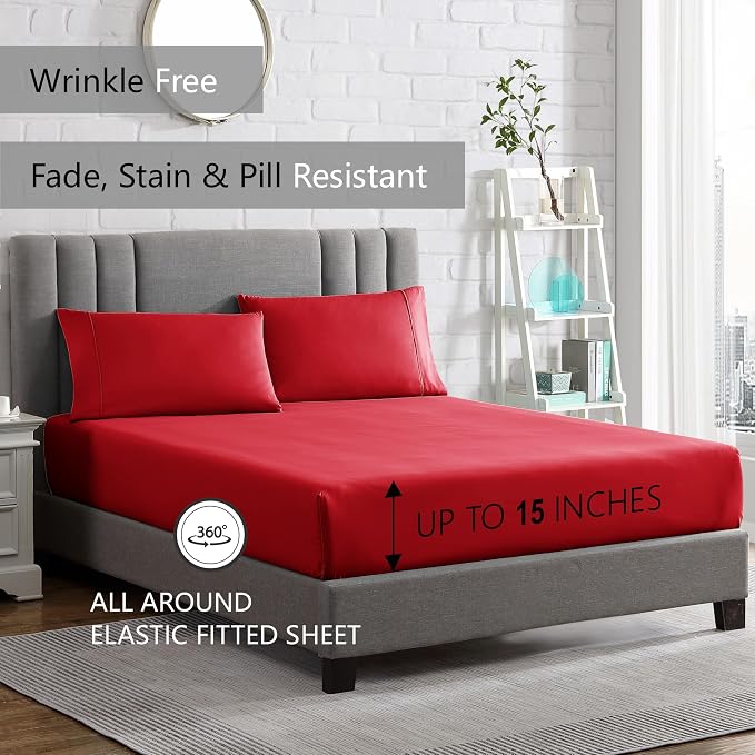 American Home Collection Full Size Sheet Set - Ultra-Soft Microfiber 15-Inch Deep Pocket - Wrinkle Free and Fade Resistant (Red)