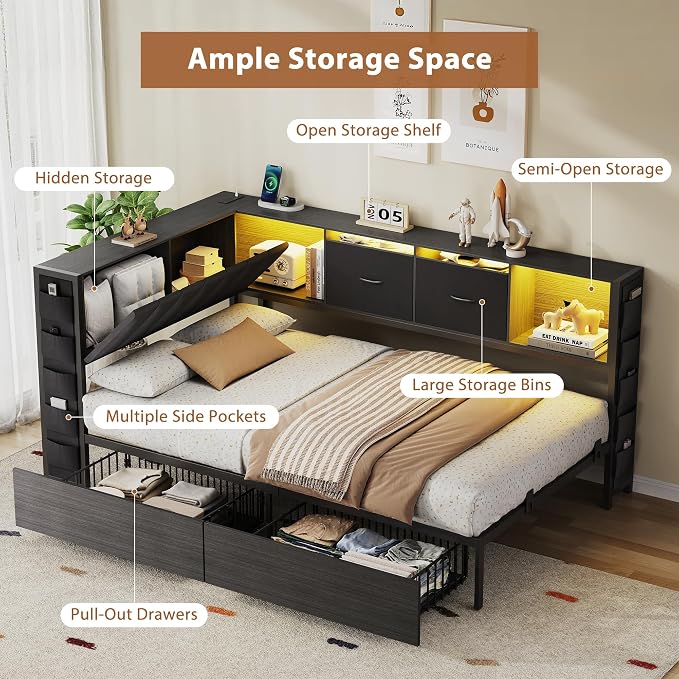 MapleGrace Twin Corner Bed Frame with Upholstered Storage Headboard and Drawers, Metal Platform Bed Frame with LED Light and Charging Station, Twin Daybed for Living Room, Bedroom & Guest Room, Black