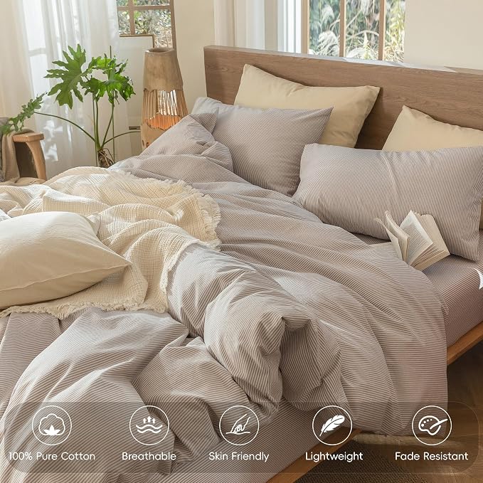 MooMee Striped Duvet Cover Set 100% Washed Cotton Linen Like King | Relaxed Linen-like Texture. Soft, Breathable & Long-lasting Comfort. Lightweight. Hidden Zipper with 8 Interior Corner Ties