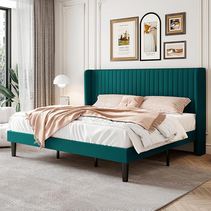 SHA CERLIN King Size Velvet Bed Frame, Tufted Wingback Headboard, Teal | 47'' Modern Vertical Channel Headboard, Upholstered Platform Bed, Wood Slats, No Box Spring Needed, Easy Assembly, Noise Free