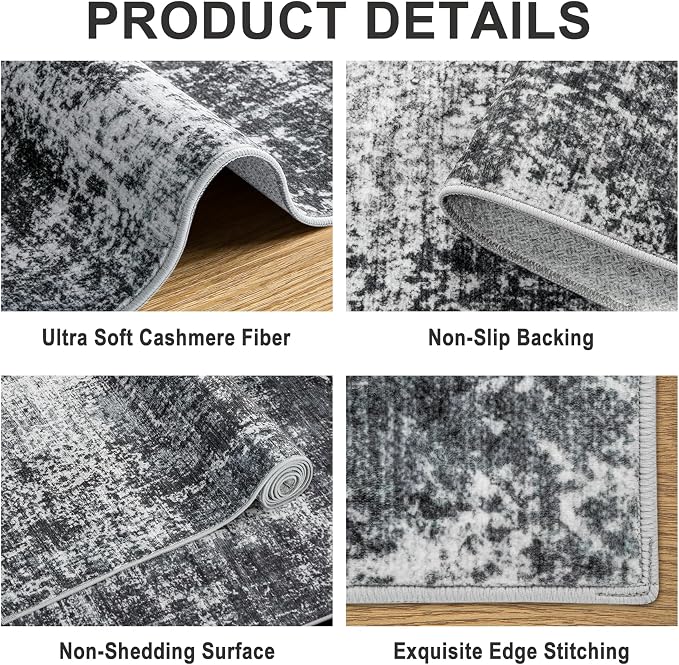 PLHXFR Area Rug Living Room: 5x7 Abstract Washable Carpet Dark Black | For Bedroom Dining Room Farmhouse Nursery Home,Machine washable,Non Slip,Large Soft Neutral,Stain Resistant, Indoor Floor