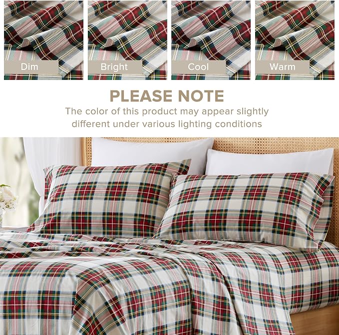 Comfort Spaces 100% Cotton Percale Sheets Full Sheet Set, 4 Piece | Crisp, Cool & Breathable Bed Sheets, 14" Deep Pocket Fits Up to 16" Mattress, Lightweight, All Season, Scottish Plaid Red