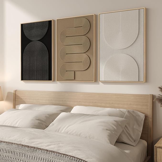 Framed Boho Abstract Wall Art Set, 3 Piece Modern 3D Artwork, 16x24 In | Solid wood frame, Textured paintings, Neutral black white brown geometric sculpture, Bedroom dining room office wall decor