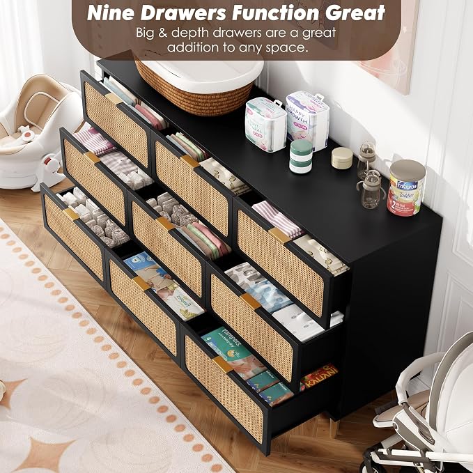 GarveeHome Rattan 9 Drawer Dressers for Bedroom, Deep Drawer, Black | Tall Dresser, Wide Top, for Living Room, Hallway, Kids Room, Large Chest of Drawers for Closet, Long Wooden Dresser