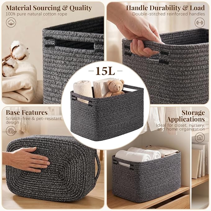 OIASKET 4Packs Natural Cotton Rope Storage Baskets for Organizing Toys, Clothes, Towels & Books, Soft Versatile Organizers for Shelves, Home Decorative Bins, 13''Lx9''Wx7.8''H, Black and White
