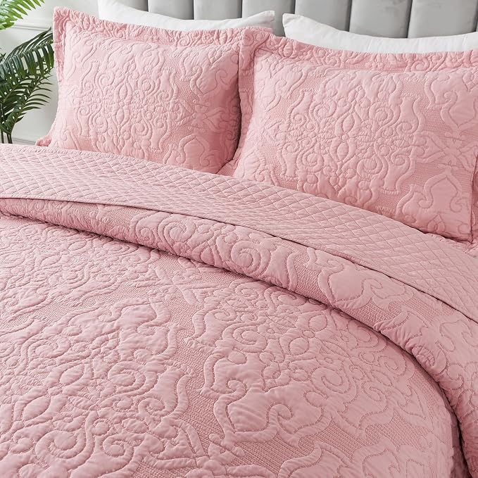 Quilt Bedspread Set, Pink Jacquard Embossed Floral Pattern Reversible Embroidered Microfiber Coverlet Sets, Queen Size