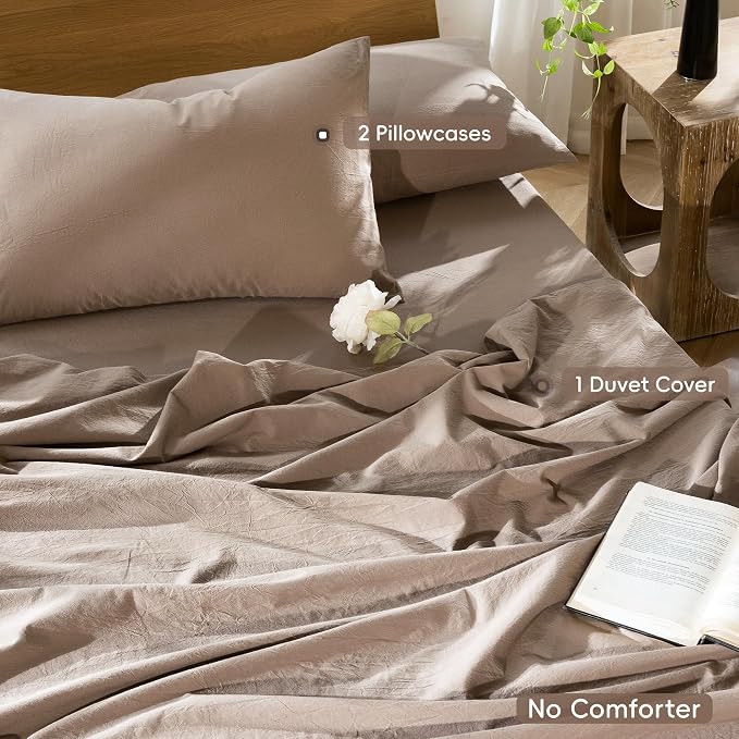 MooMee Duvet Cover Set 100% Washed Cotton Linen Like Super Queen | Relaxed Linen-like Texture. Soft, Breathable & Long-lasting Comfort. Lightweight. Hidden Zipper with 8 Interior Corner Ties