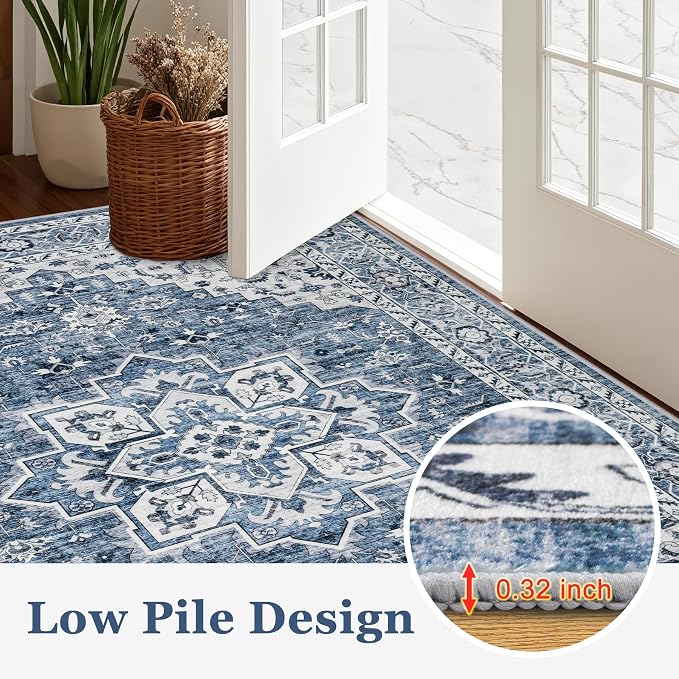 2x3 Area Rugs Living Room: Washable Vintage Rug for Bedroom Blue | Boho No Slip Stain Resistant Rug Soft Indoor Decor Floor Floral 2x3 Area Rugs for Dining Room, Nursery, Hallway, Home Office