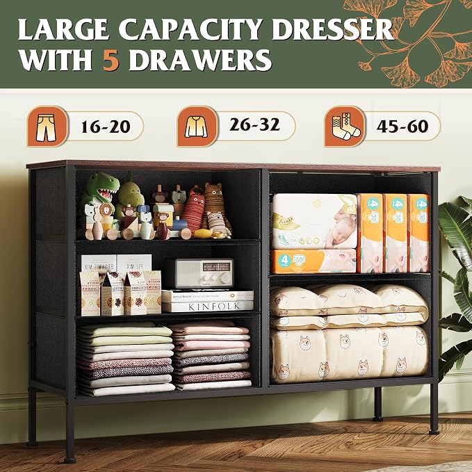 WLIVE Dresser for Bedroom with 5 Drawers, Wide Chest of Drawers for Bedroom, Fabric Dresser for Living Room, Closet, Hallway, Floral Painted