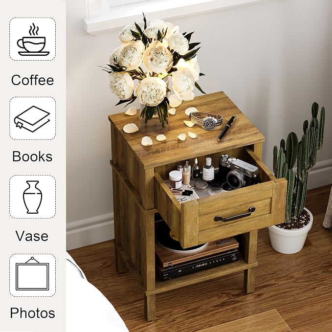 Small Brown Night Stand,Rustic End Table,Wood Nightstand with Drawer | Side End Table with Drawer,End Table Living Room,Farmhouse Nightstand,Modern Brown Side Table for Bedroom LET512DR