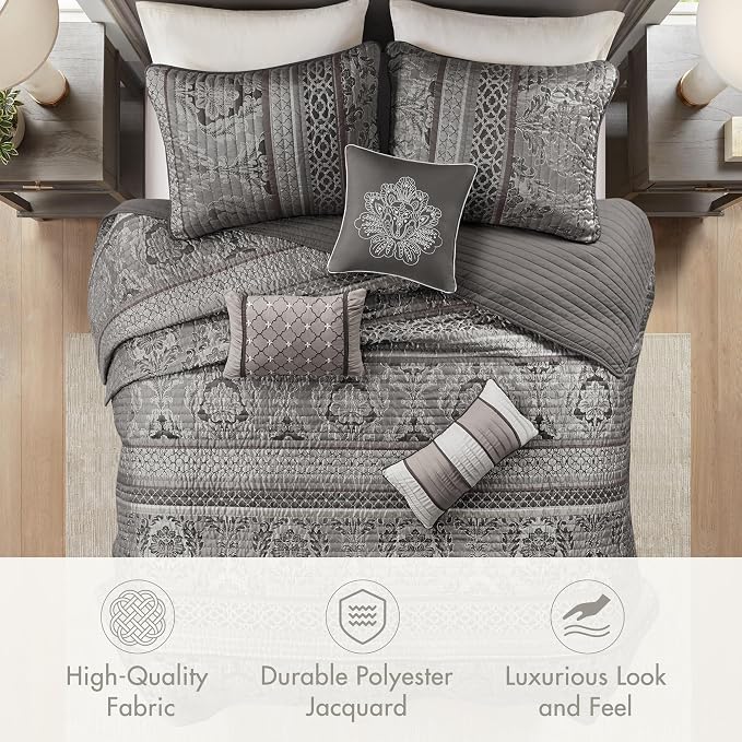 Madison Park Traditional Jacquard Quilt Set, 6PC King/Cal King Coverlet | Damask Design, All Season, with Shams, Decorative Pillows, Lightweight, Reversible, Grey
