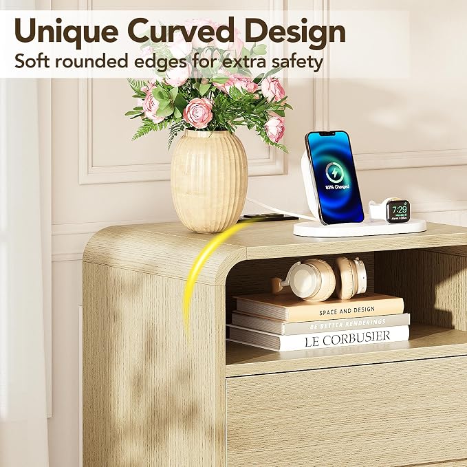 Decofy Nightstand Set of 2 with Charging Station & 2 Drawers, Light Oak | Mid Century Modern Curved Nightstands with Built-in Charging Station, Storage Space and 2 Hidden Handle Drawers