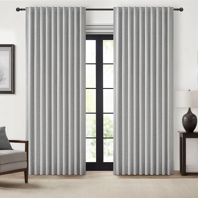 QJmydeco Grey Curtains 60 Inch Length Wide Pleated Blackout Curtain for Sliding Glass Door/Living Room, Farmhouse Linen Thick Boho Bedroom Heavy Insulated Large Window Drapes (60" Wx90 Lx2Panels)