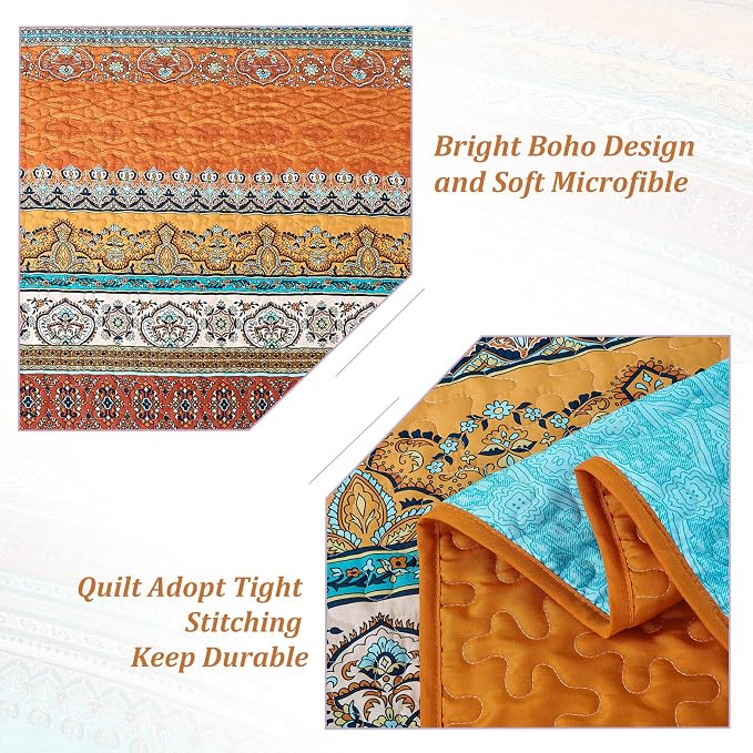 WONGS BEDDING Orange Quilt Queen Size, Boho Stripe Bedding Set, 96"x90" | Lightweight Soft Bedspread Coverlet,Modern Style Bohemian Pattern Bed Cover for All Seasons,3 Piece(1 Quilt,2 Pillow Shams)
