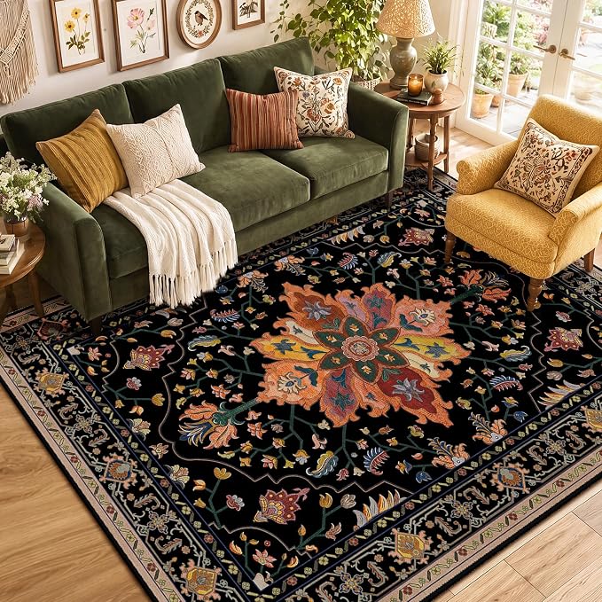 RELEANY Washable Area Rug, 5'x7', Black/Colorful | Non-Slip, Water Repellent, Pet Friendly, Easy to Clean, Vintage Floral Boho Decor for Living Room Bedroom Dining Room Office
