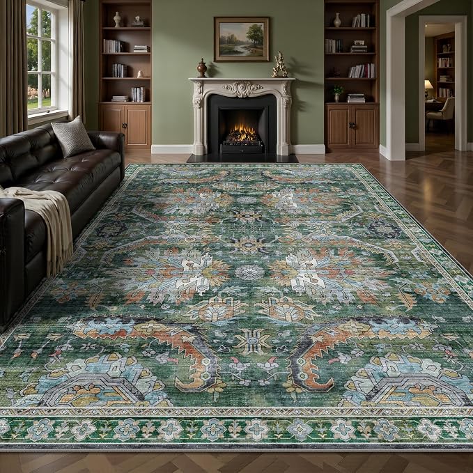 8x10 Area Rugs, Vintage Retro Soft Washable Rug, Non-Slip Low Pile Rugs for Living Room, Bedroom, Dining Room, Stain Resistant Home Decor Rug (Green)