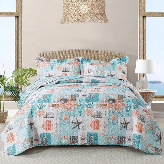 Quilt Bedspread Sets - West Coastal Pattern Reversible Coverlet Set, Queen Size