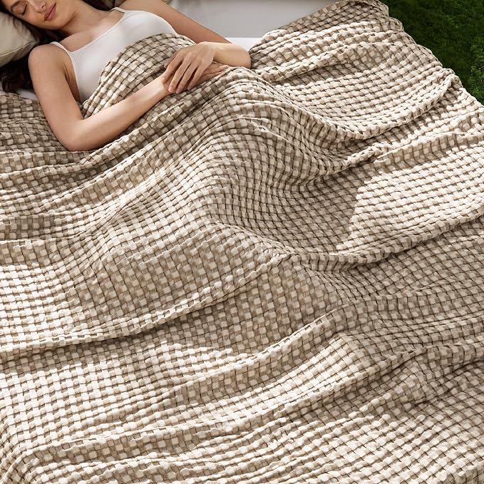 Bedsure Cooling Waffle Full Size Blanket - Lightweight Cotton Blanket for Hot Sleepers, Luxury Throws for Bed, Couch and Sofa, Khaki, 80x90 Inches