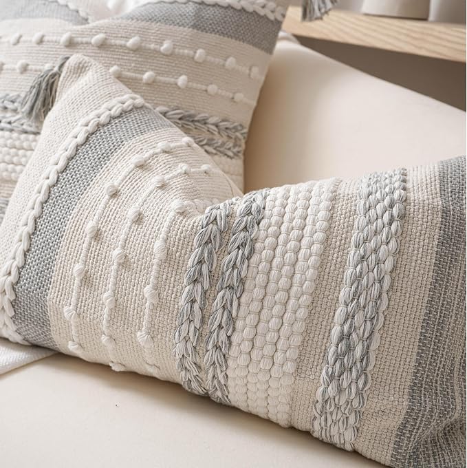 Gray Boho Decorative Throw Pillow Cover 22x22 Square Farmhouse Accent Cushion for Couch Sofa Livingroom Bedroom Pillowcase Modern Home Décor (Pack of 1)
