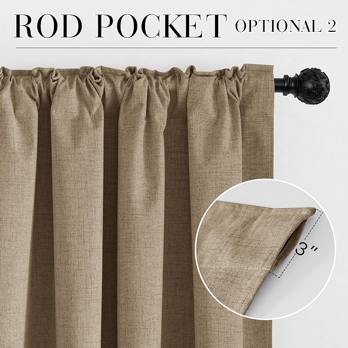 RYB HOME Burlap 100% Blackout Linen Curtains 72 Inch Long for Bedroom | Rod Pocket Back Tab, Thermal Insulated Privacy Assured, for Bedroom Office Nursery Living Room Dormitory, W52 x L72, 2 Panels