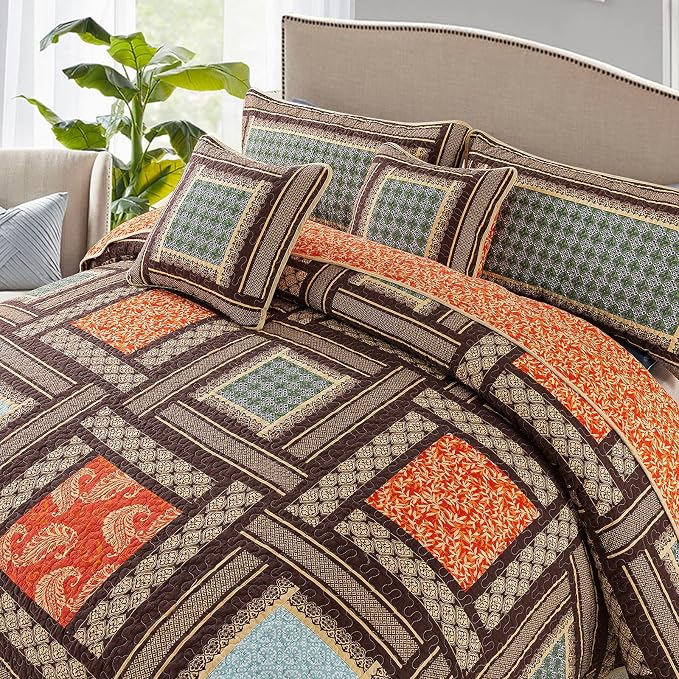 Cotton Patchwork Bedspread, 3-Piece Bedding Quilt Set with Real Stitched Embroidery, Reversible Matelasse Bed Coverlet Set,Bohemian Farmhouse,King Size