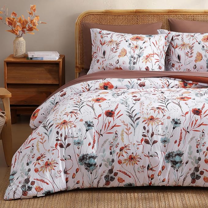 King Size Comforter Set-7 Pieces Floral Bed in a Bag King Bedding Set | Terracotta Botanical Texture Flowers Comforter Set with Sheets, Pillowcases & Shams for All Seasons