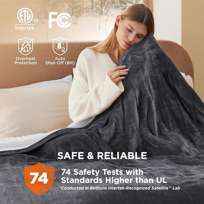 Bedsure Heated Blanket Queen Size, Dual Control Electric Blanket, Dark Grey | Preheat Function,6 Heat/6 Timer Settings, 8H Auto Shut-Off, ETL/FCC, Soft Flannel Sherpa, Machine Washable, 84x90in