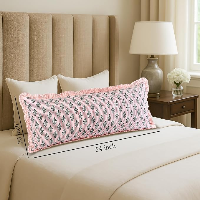 Ridhi Block Print Salmon Blossom Ruffle Lumbar Pillow Shams, 20" x 54" | 100% cotton, Floral Pillowcase, Cushion Cover, Hidden Zipper, Cottagecore Bedding, farmhouse boho style, fits couch, sofa,Bed