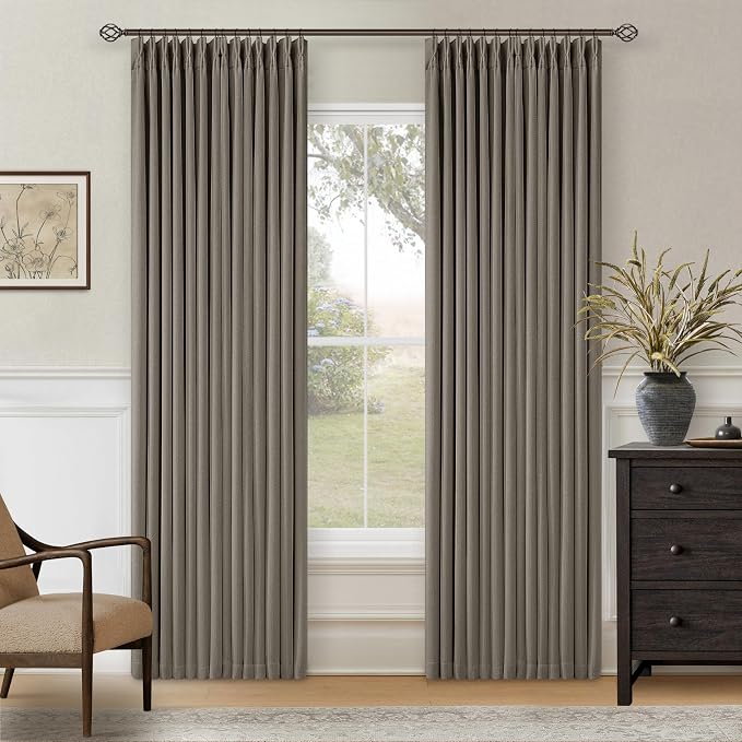 Taupe Pleated Linen Blackout Curtains 84 Inch Long for Bedroom Living Room | Pinch Pleat Ring Hooks Back Tab, Black Out, Thermal Insulated, Room Darkening, Brownish Gray 84 Inch Curtains with Liner