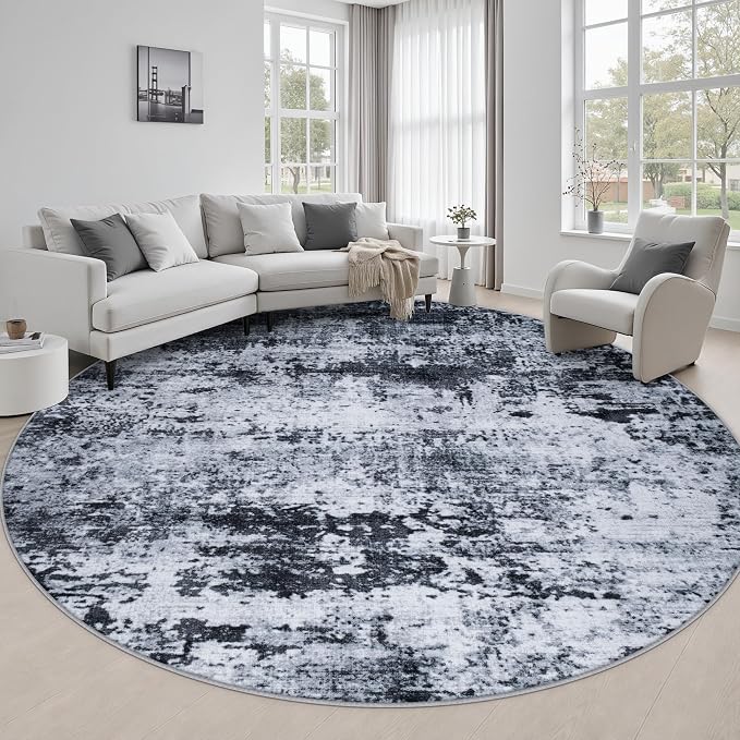 Round Area Rug Living Room: 6 ft Modern Washable Carpet Black | For Bedroom Dining Room Farmhouse Nursery Hallway Office,Modern Abstract,Machine washable,Non-Slip,Stain Resistant,Indoor