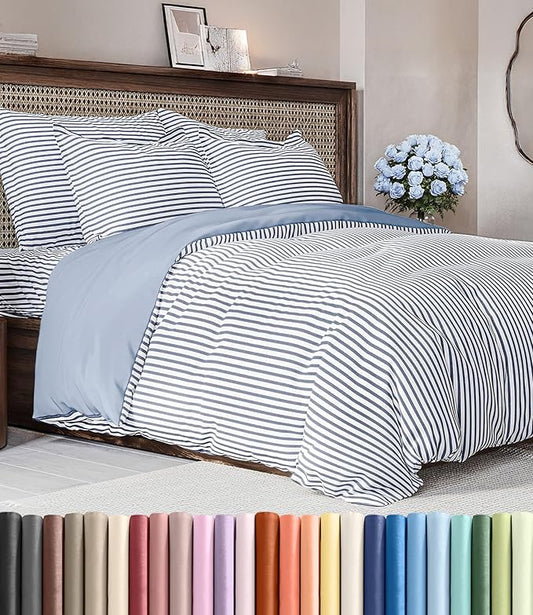 Duvet Cover King Size - 3 Piece with Zipper Closure - Blue Stripes | Extra Soft, Breathable, King Duvet Cover 104" x 90" with 2 Pillow Shams, Zipper Closures & Ties, Women, Men, Kids & Teens
