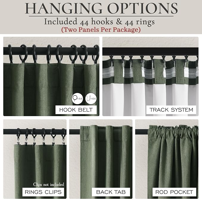 Dark Olive Green Curtains 60 Inch Length Extra Wide Pleated Black Out 96 Inch Long for Living Room, Linen Thick Sliding Glass Door Heavy Duty Insulated Large Window Drapes (60"Wx96"Lx 2Panels Loden)