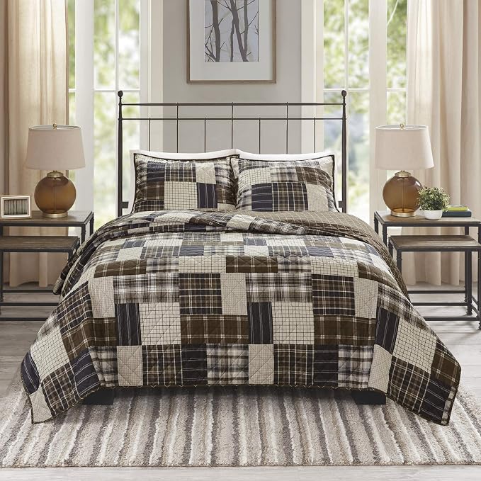 Madison Park Reversible Quilt Cabin Lifestyle Plaid Design - All Season, Breathable Coverlet Bedspread Bedding Set, Matching Shams, Timber Black/Brown King/Cal King(104"x94") 3 Piece | Diamond Quilted, Reversible Coverlet Set, Plush Cotton Filled, Ligh...