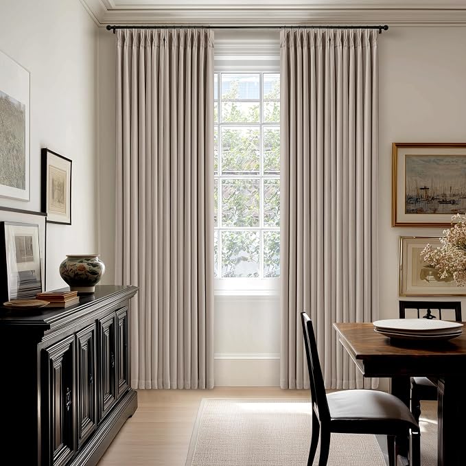 Burlywood Birch Linen Pinch Pleated 100% Blackout Curtains 90 Inch Length | Pinch Pleat Curtains, Black Out Blocking Room Darkening Drapes, Tan Brown Dark Flax, for Bedroom Living Room Window, W40xL90