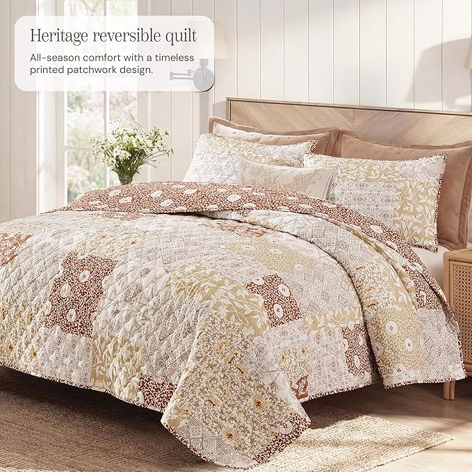 Queen Quilt Set-3 Pieces Soft Bedding Lightweight Floral Patchwork Coverlet | All Seasons Quilts Queen Size for Bed, 1 Quilt (90" x 94") and 2 Shams (20" x 26"), Vintage Bedspread, Terracotta