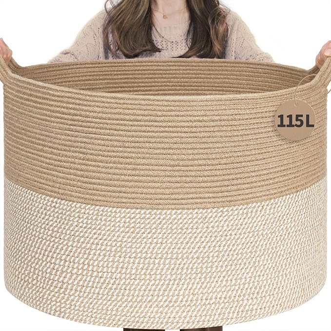 INDRESSME 115L Extra Large Woven Wicker Blanket Basket Living Room | Wicker baskets for organizing laundry, towel toys pillows. For living room bedroom or nursery decor. soft-touch with handles