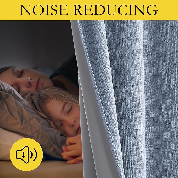 NICETOWN Stone Blue Vintage Linen 100% Blackout Curtains for Classroom, Thermal Insulated Curtains 72" Long, Noise Reducing Window Treatment Drapes for Gym Room, 42" Wide Per Panel, Set of 2