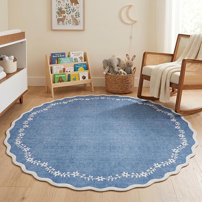 GarveeHome Round Area Rug 5ft Scalloped Washable Circle Rug for Bedroom | Soft Blue Non Slip Floral Print Floor Mat Carpet Indoor Thin Tent Rug for Kids Dining Room Playroom Nursery Entryway