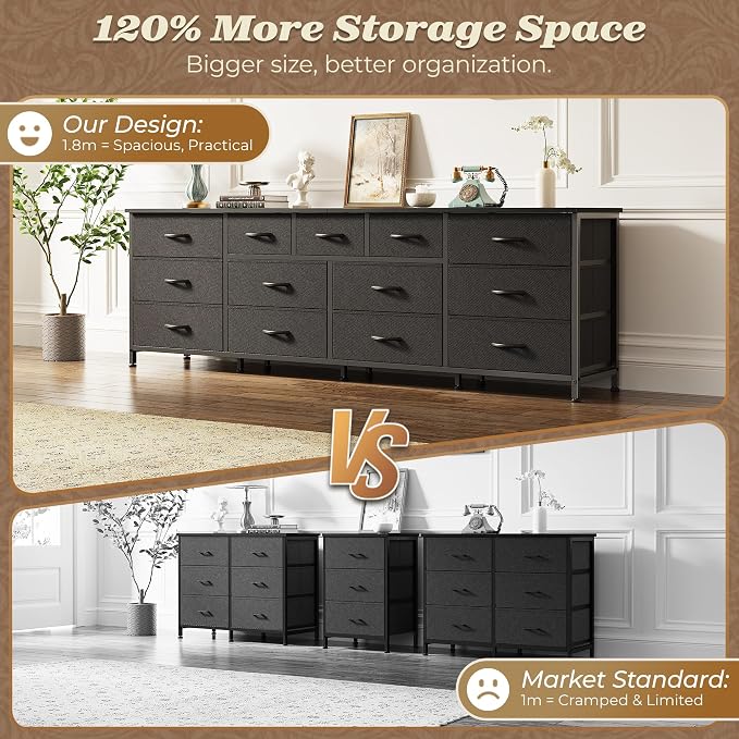 Huuger 70 Inch Long Dresser for Bedroom, TV Stand for 65, 75, 80 Inch TV | 13 Large Fabric Drawer, Large Entertainment Center for Bedroom, Wide Chest of Drawer with Storage, Black