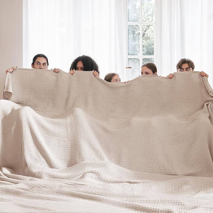 Bedsure 100% Cotton Big Oversized King Blanket, Waffle Weave, Beige | Breathable, Soft, Cozy, Cooling, Waffle Texture, Fall, Summer Blanket for Bed, Gifts for Women, Machine Washable, 120"X94"
