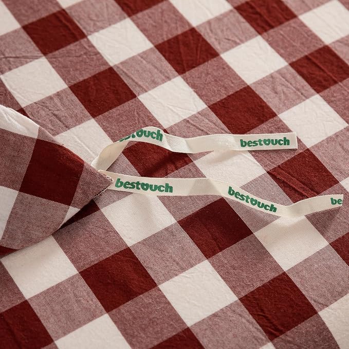 BESTOUCH Gingham Cotton Duvet Cover Set Fired Brick Red Twin | Washed Cotton, Linen Feel, Soft Wrinkle Texture, Hidden Zipper, 8 Ties, Breathable Lightweight Durable Comfy, 2 Pcs No Insert