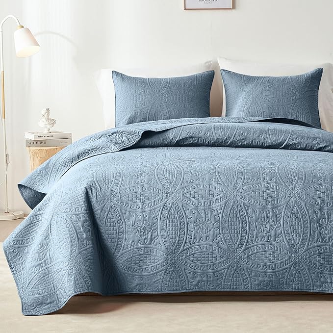 akkialla Dusty Blue Full/Queen Quilt Set,Ultrasonic Lightweight Bedspread Coverlet for Modern Minimalist Bedroom,Soft Microfiber Coin Pattern Bedding,3-Piece (1 Quilt,2 Pillow Shams)